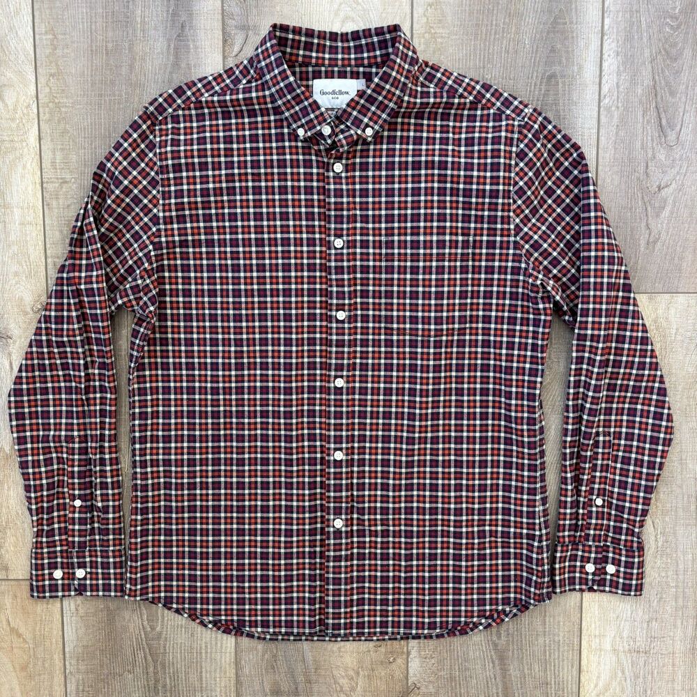 Goodfellow Plaid Poplin Button Up Shirt Mens Large Slim Red Blue Business Casual - Picture 6 of 11